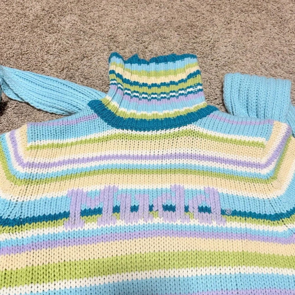 Y2K Mudd Women's Striped Turtleneck Sweater w/ Detachable Scarf Size L Blue NWT - Picture 2 of 6